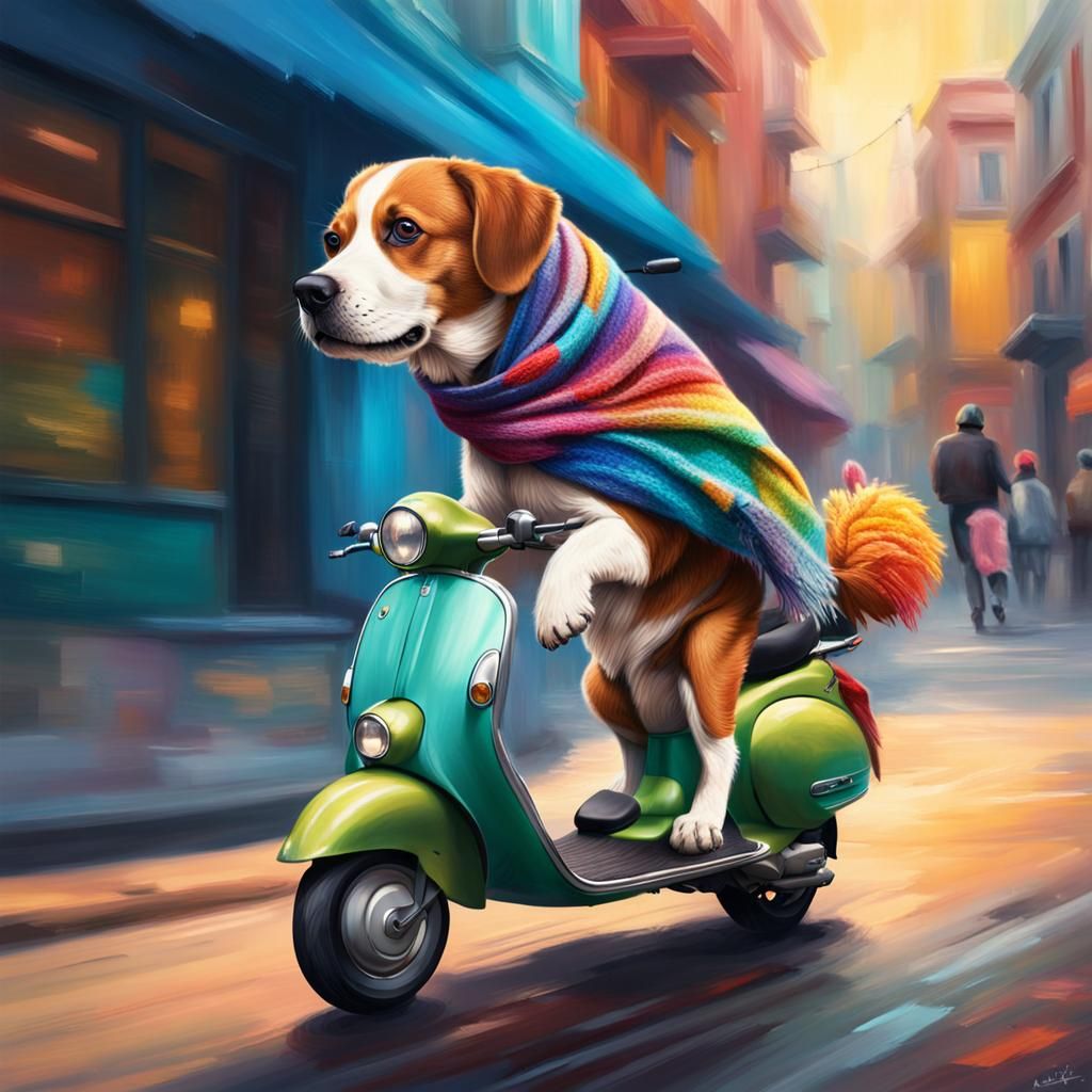 Dog on Scooter in Hyperrealistic Splash Art Style