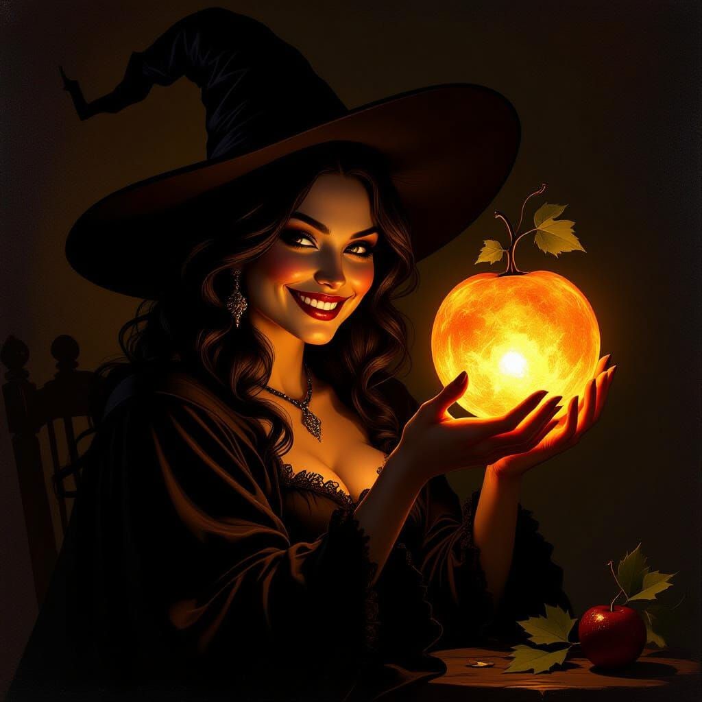 Devilish Witch Holds Glowing Orb in Flemish Baroque Style