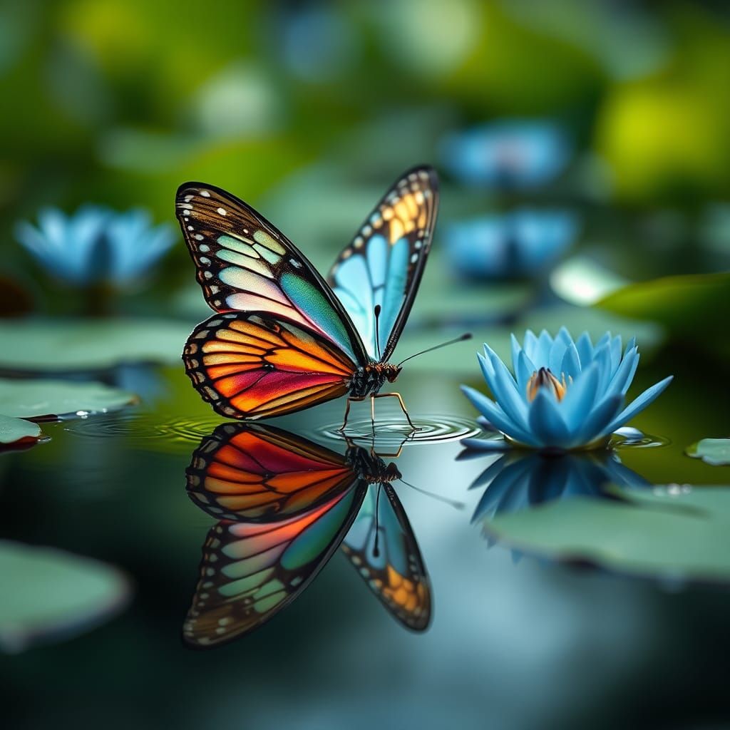 Butterfly in Surreal Lilypond Reflecting Dreamy Wings