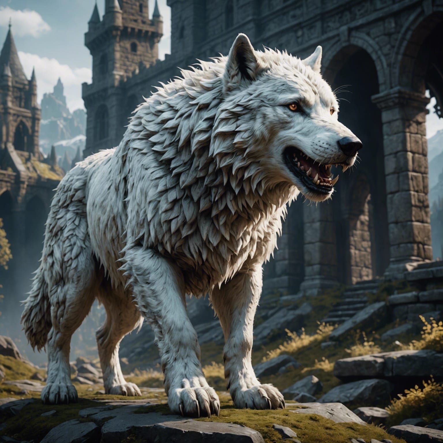 Detailed White Dire Wolf Matte Painting