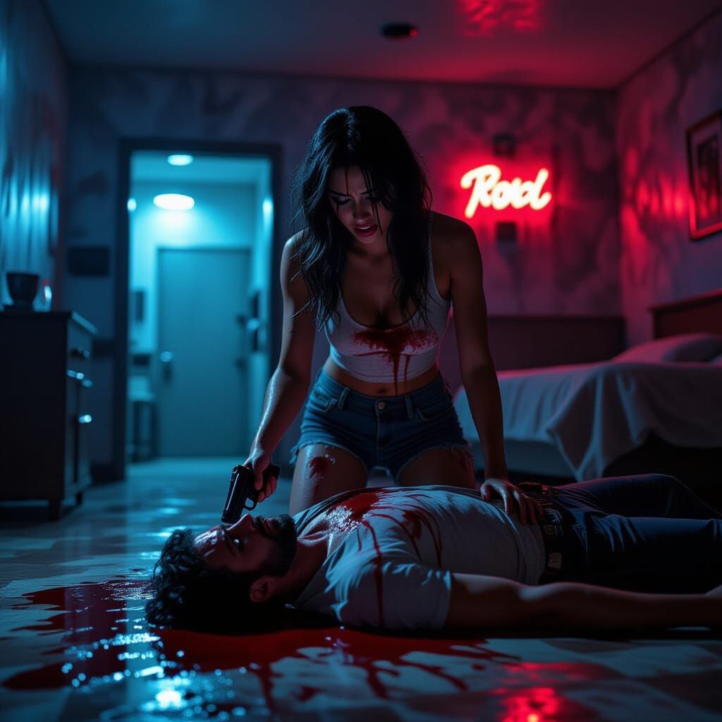 Distraught Woman in Noir Motel Scene