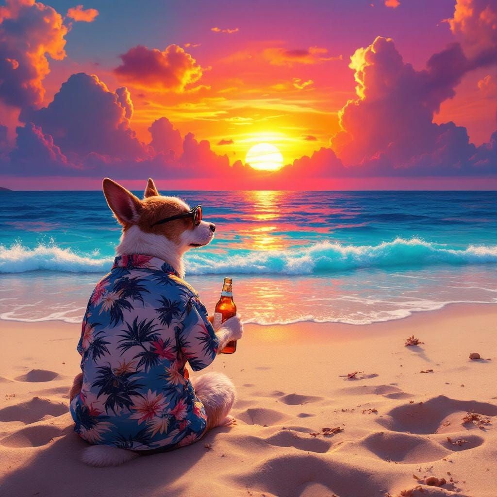 Dog on Beach at Sunset: Matte Painting Style