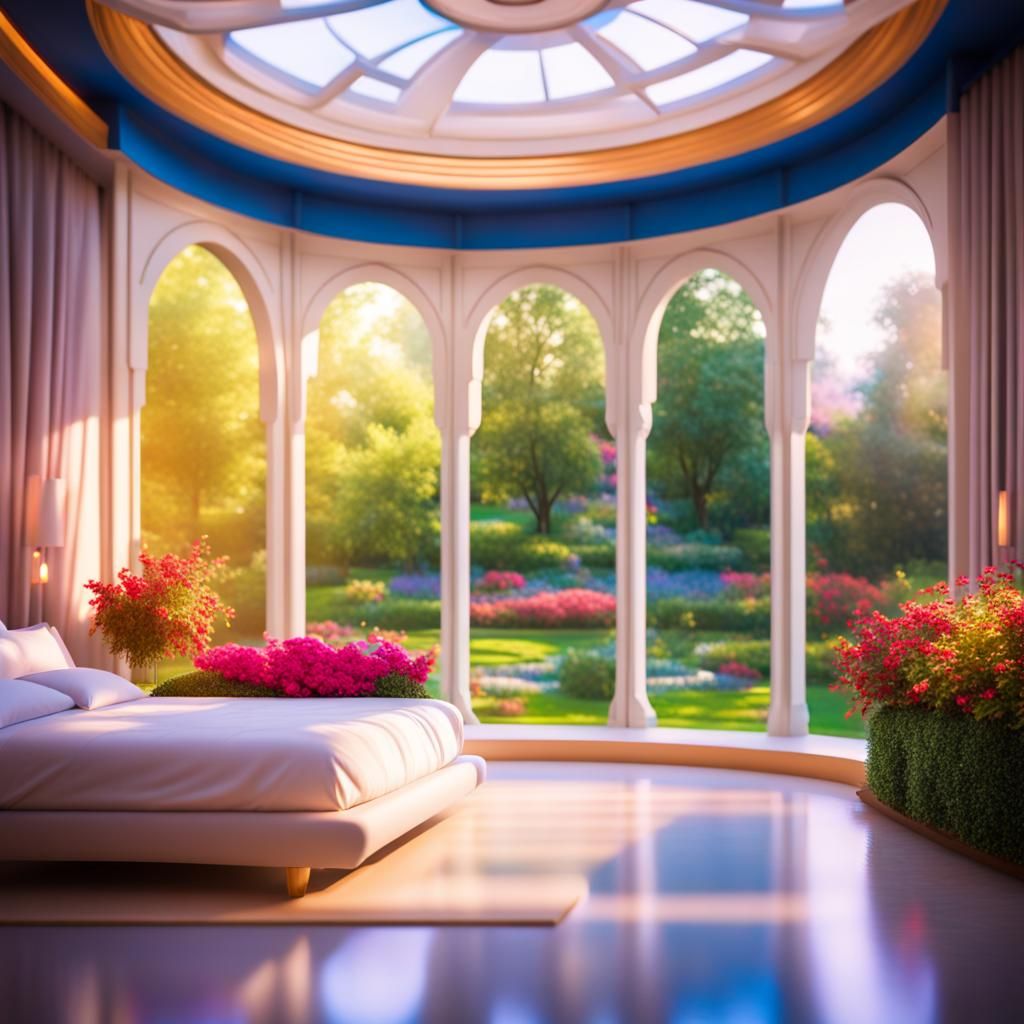 Futuristic Royal Bedroom with Colorful Garden View