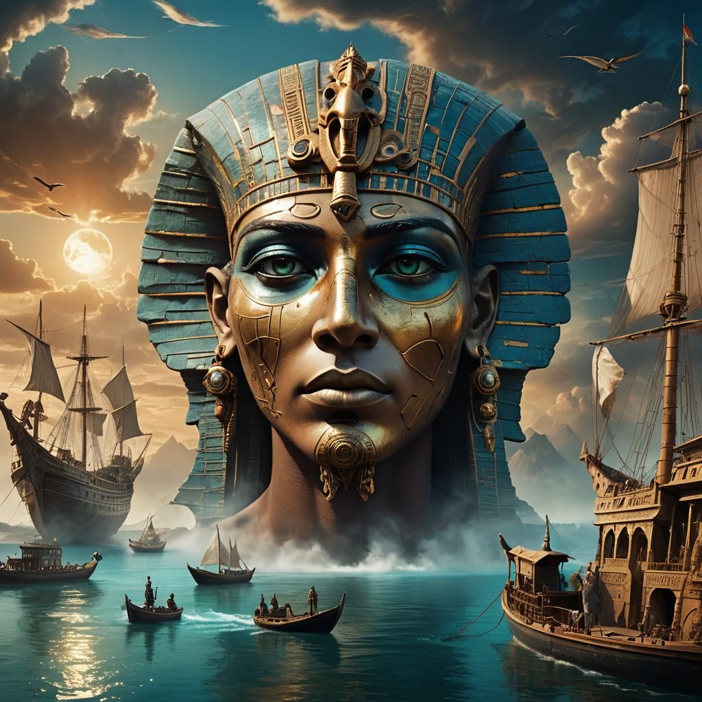 A  fantasy scene ... a giant, ethereal face with piercing ey...