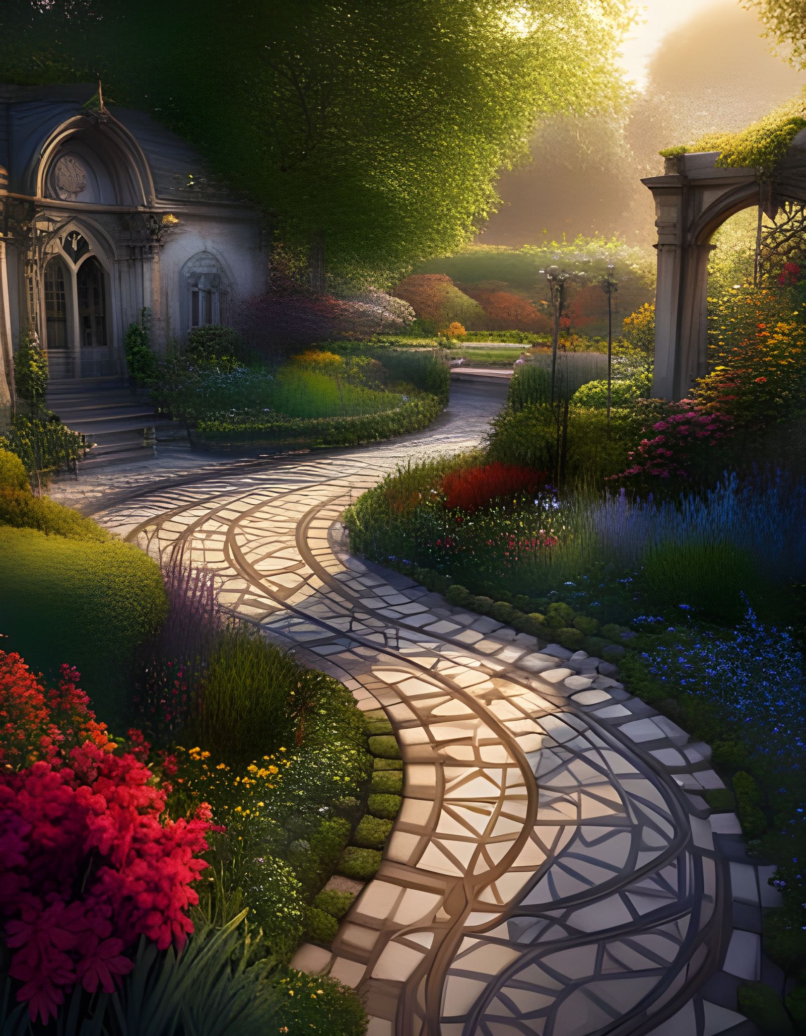 Hyperrealistic English Garden with Volumetric Lighting