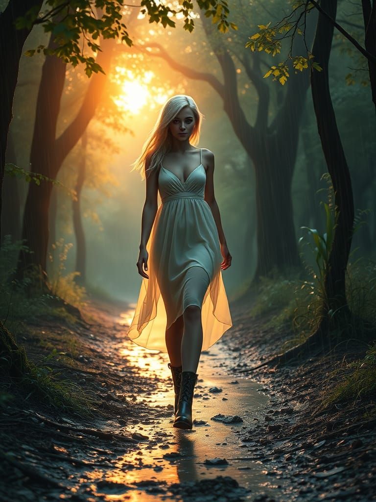 Ethereal Elf Maiden Wanders Rainy Forest Path