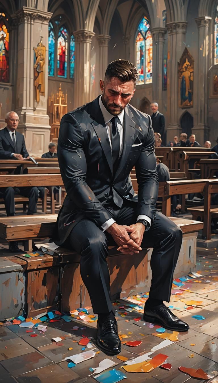 Sad Man in Black Suit Crying at Church