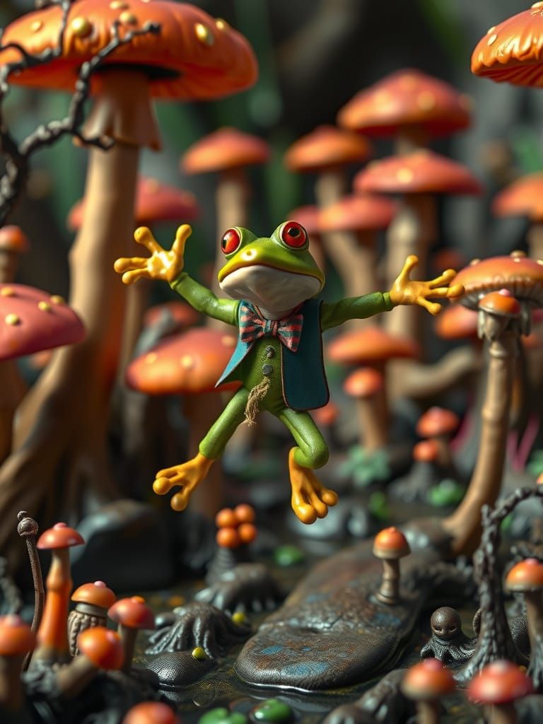 Surreal Frog in Whimsical Stop-Motion Swamp
