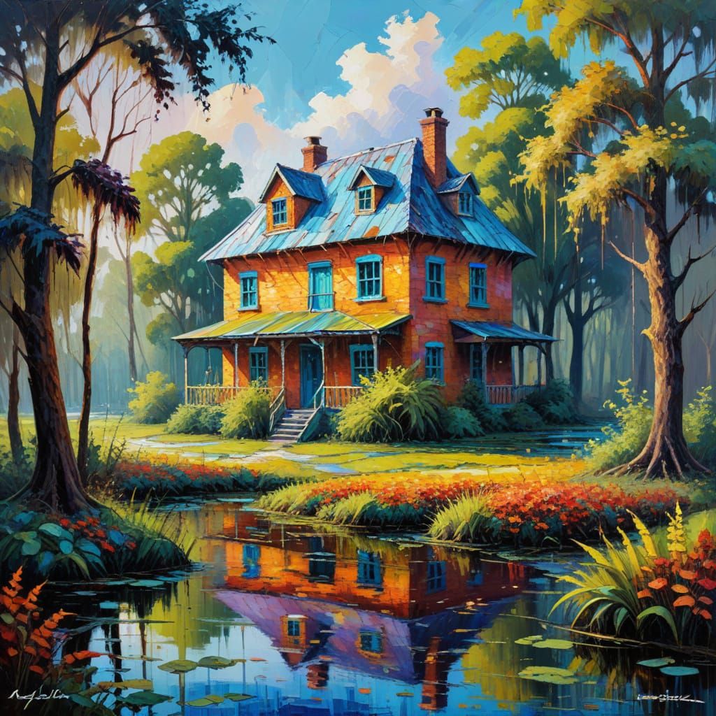 Swamp House in Vibrant Neo-Impressionist Oil Painting