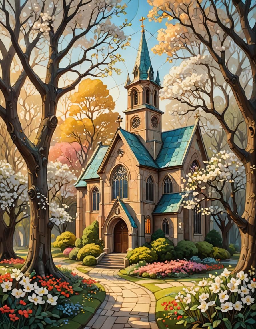 Country Church with Quince Blossom in Romantic Style