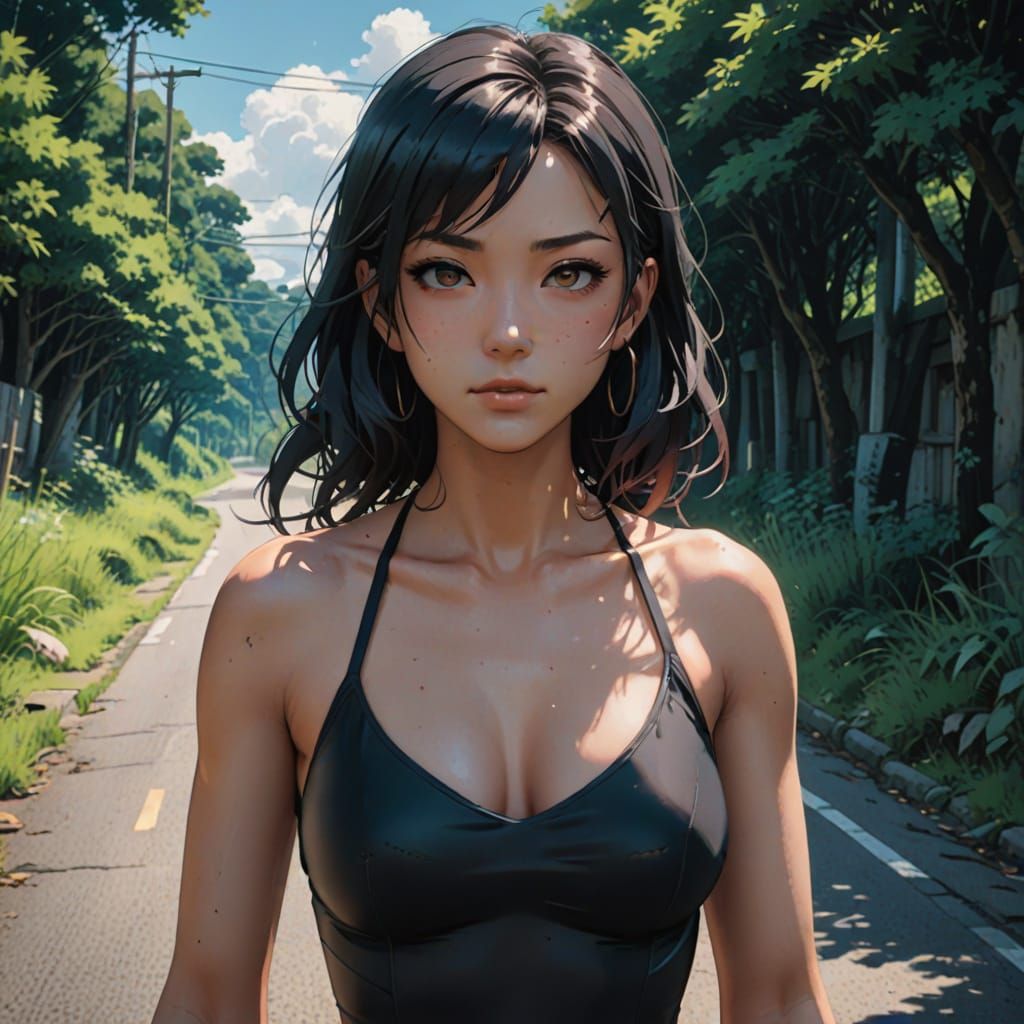 Anime Woman in Swimsuit on Old Road - Cel-Shaded Art