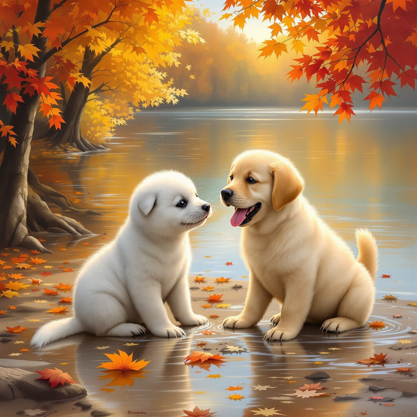 Baby Seal and Golden Lab Play in Autumn Lake Oil Painting