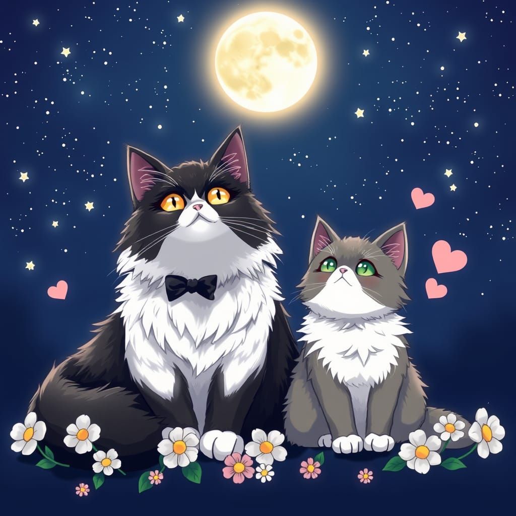Two Adorable Cats Gaze Up at the Moonlit Night Sky