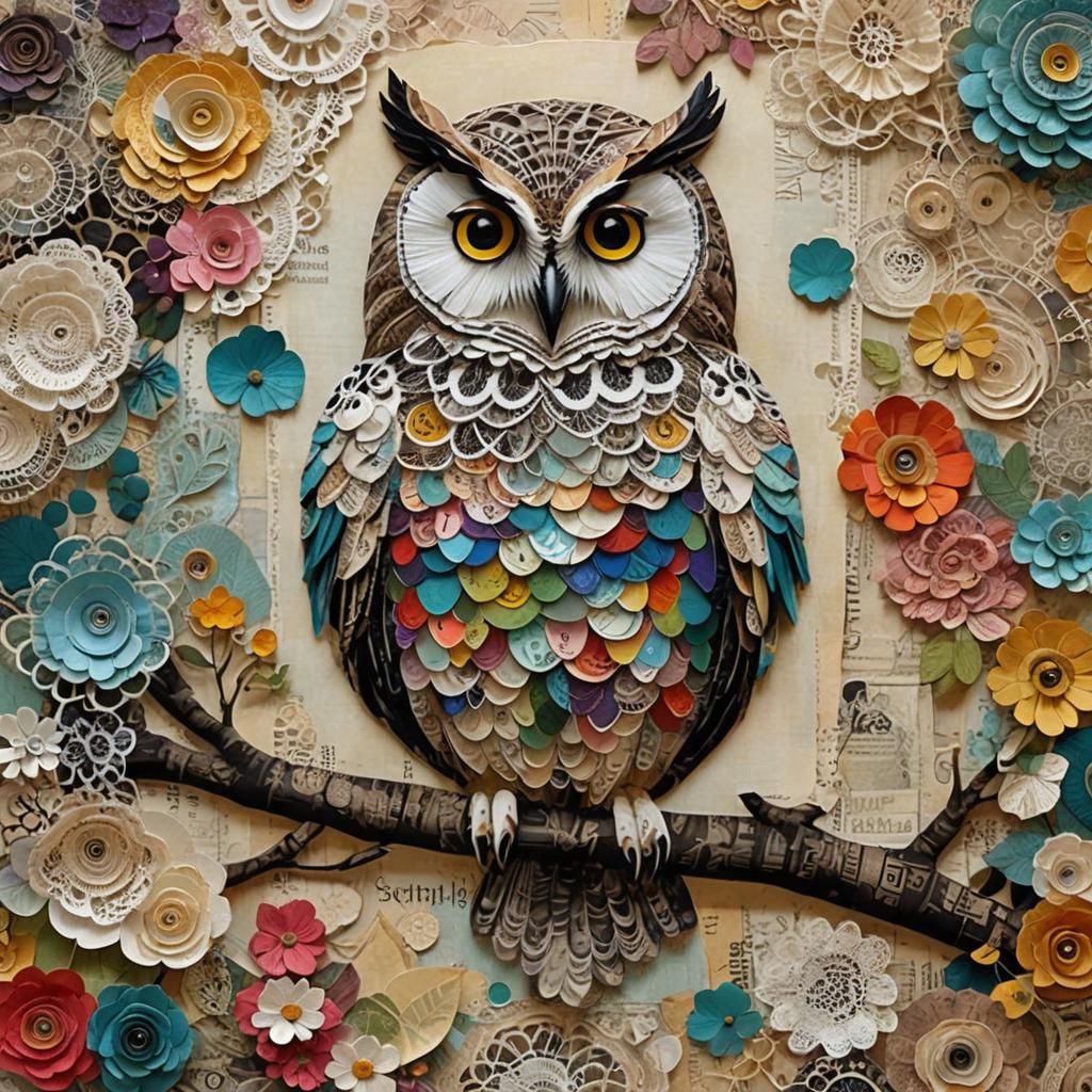 Owl in Mixed Media Paper Collage Style