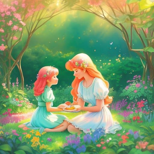 Whimsical Watercolor Picnic Scene of a Young Girl and Her Mo...