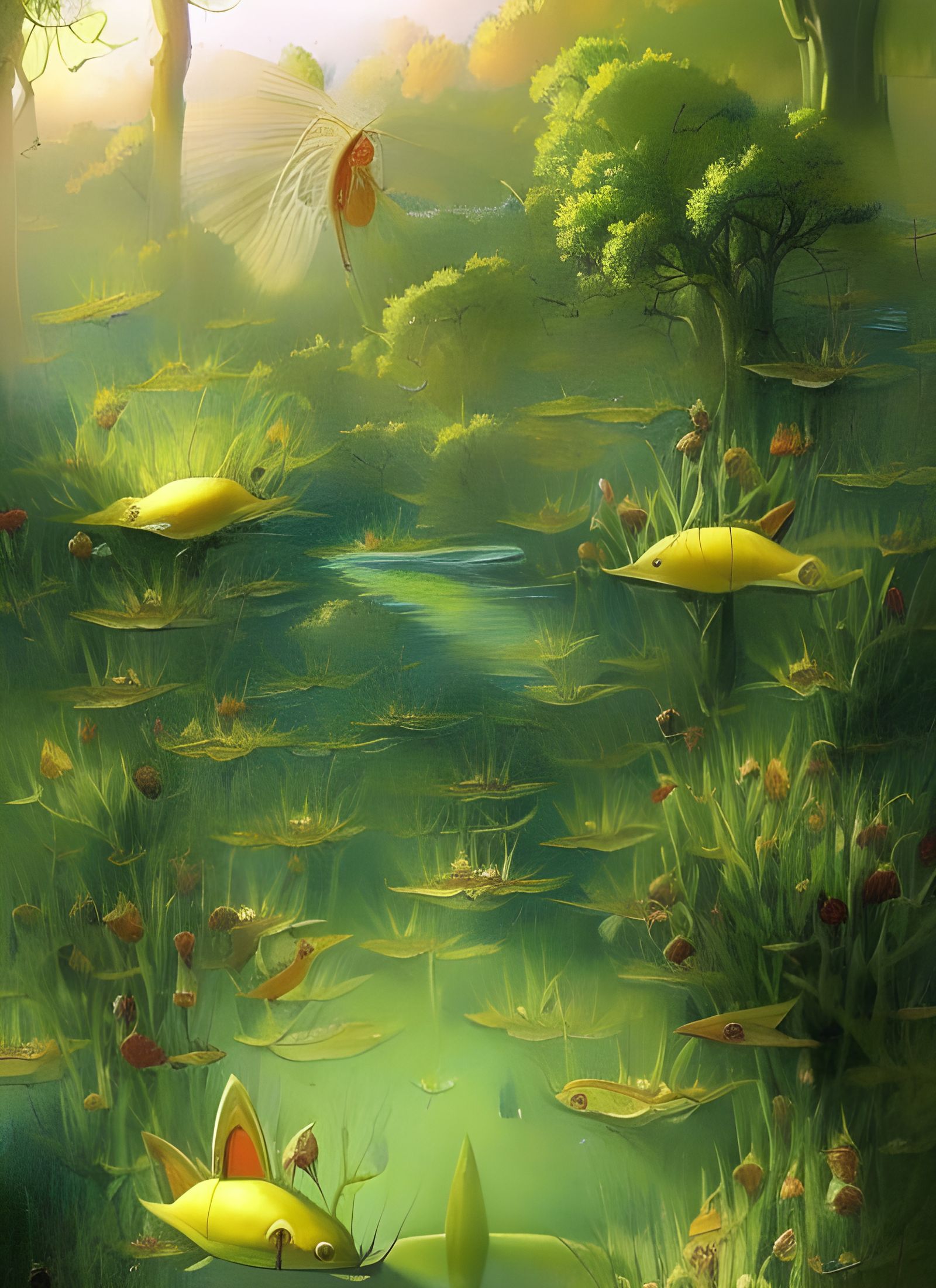 Lush Garden with Large Nonhuman Being in Surrealism Style