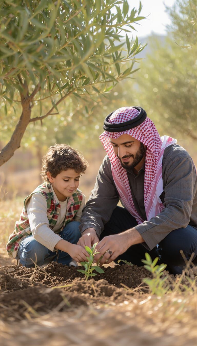 Father and Children Planting Olive Tree with Palestinian Sym...