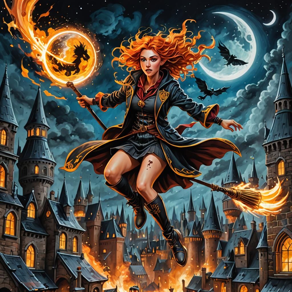 Steampunk Magician Girl on Broomstick in Graffiti Art Style