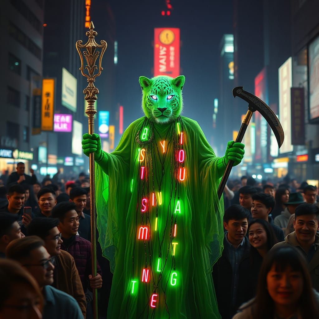 Happy People Gather Under the Green Leopard God