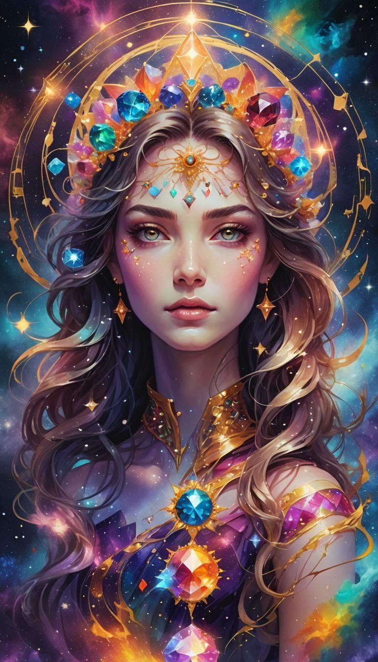 Mystical Gemstone Portrait with Zodiac Constellations