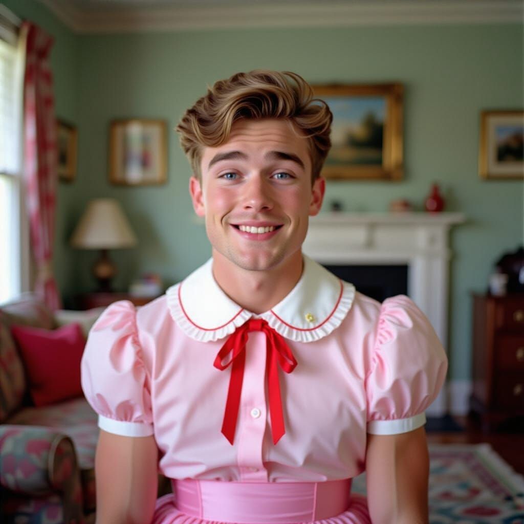 Crossdressing Teen in Pink Blouse, Cinematic Film Still