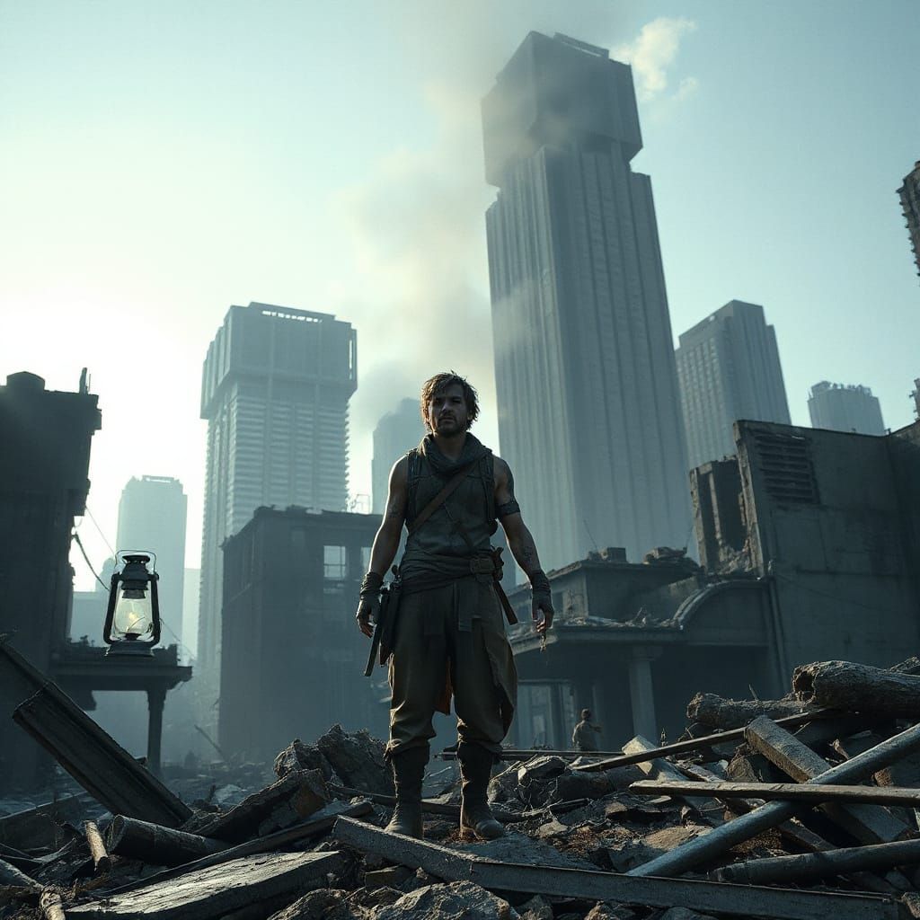 Survivor in Ruined Cityscape with Flickering Lantern