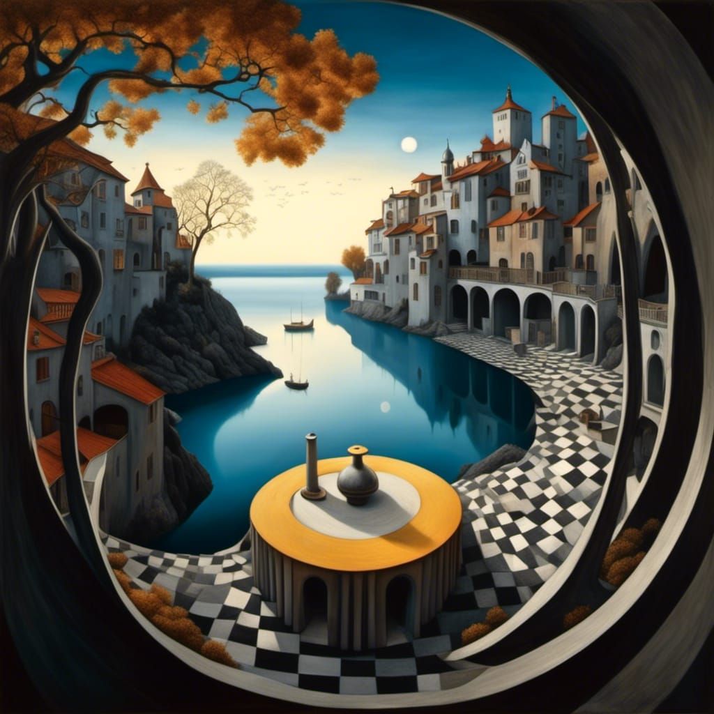 Escher-Inspired Optical Illusion in Ink Painting Style