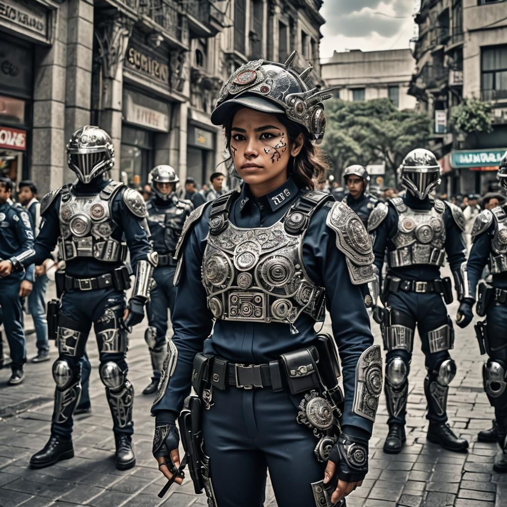 Mexican Police Officer and Cyborgs in Mexico City