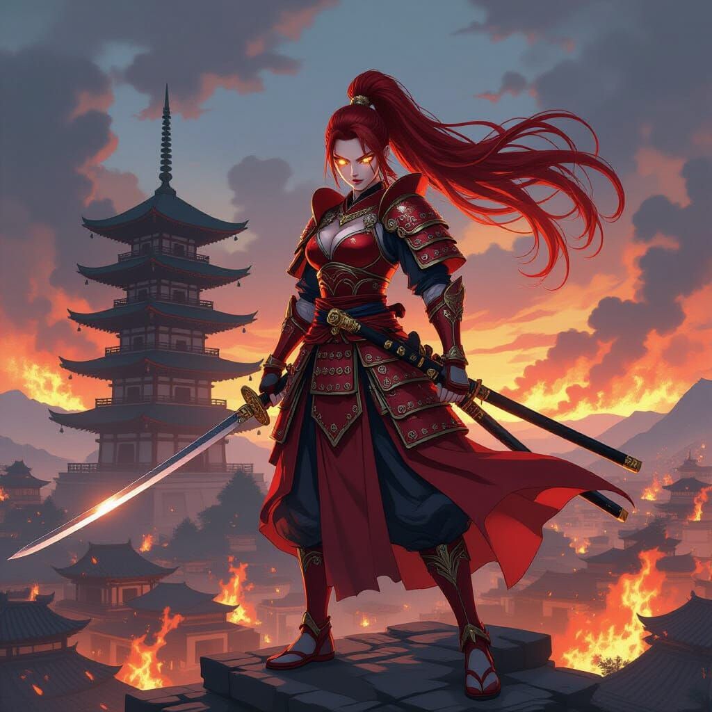 Fierce Anime Samurai Warrior on Burning Battlefield