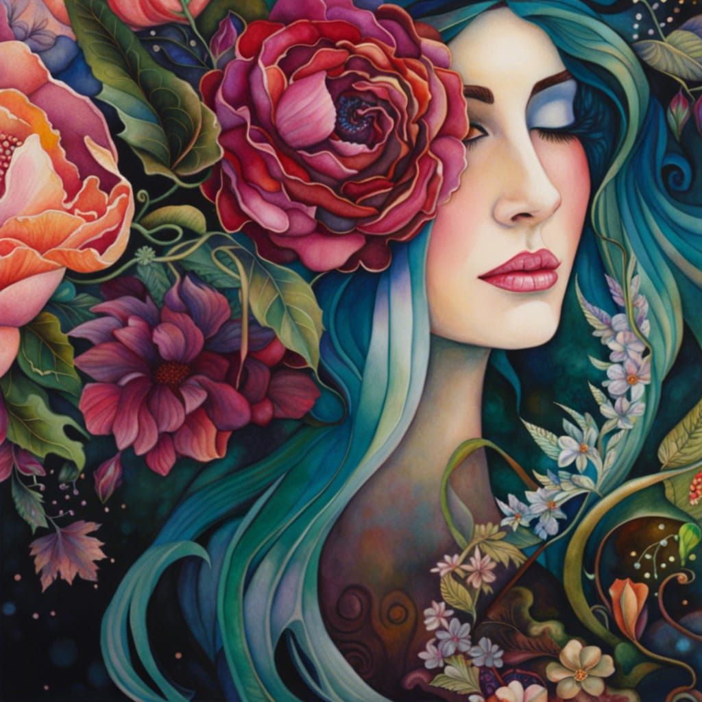 Lovers in Watercolor Collage with Flowers