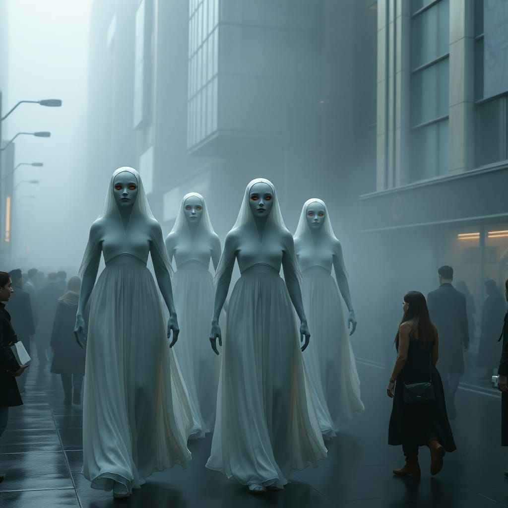Eerie Ghostly Figures Parade in Misty City Street