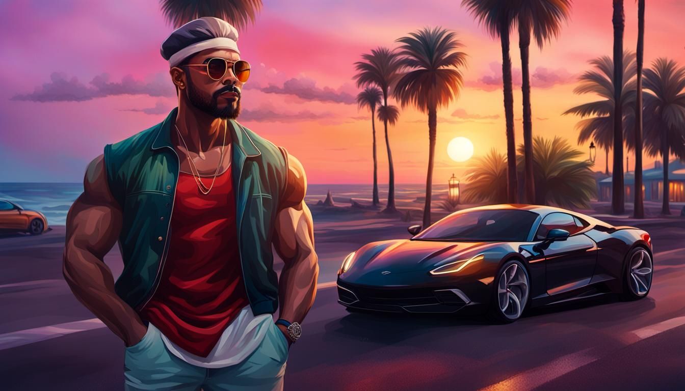 Man and Sports Car at Sunset: Hyperrealistic Oil Painting