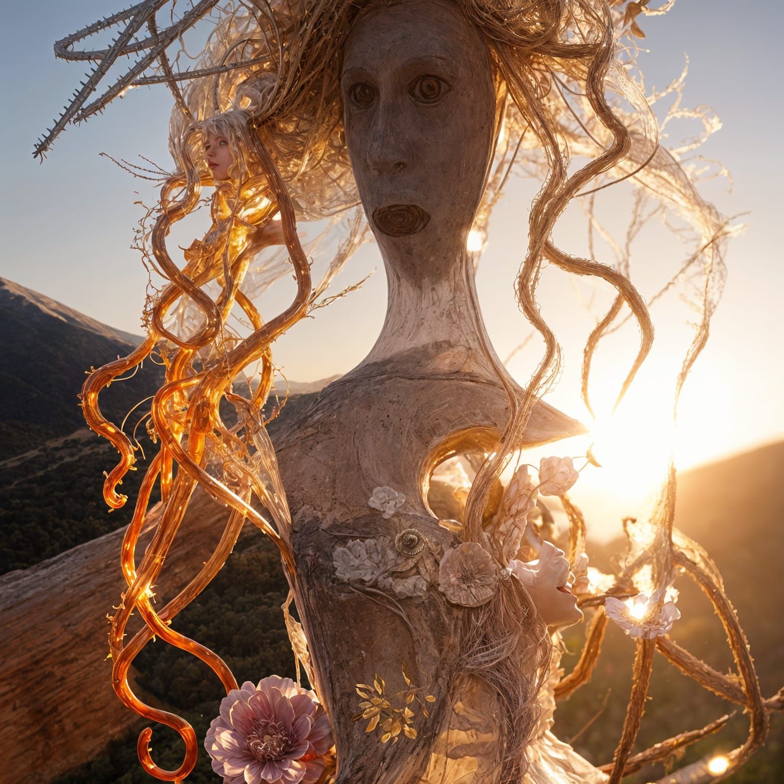 Resin Art Flower Bloom and Albino Woman at Sunrise