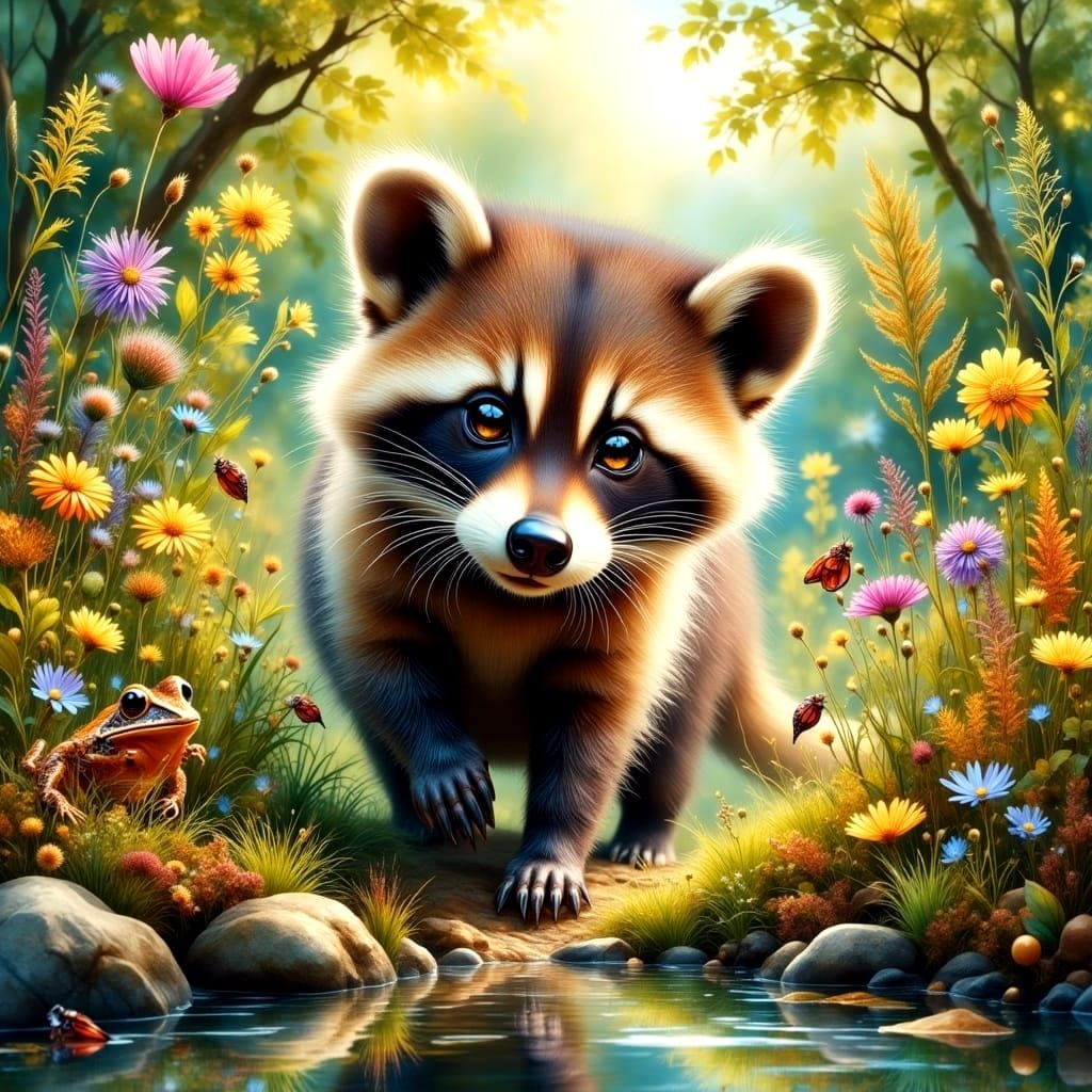 Surreal Baby Raccoon Explores Vibrant Welsh Garden