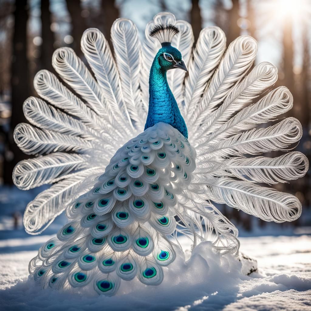 Surreal Ice Sculpture of a Peacock in Soft Focus