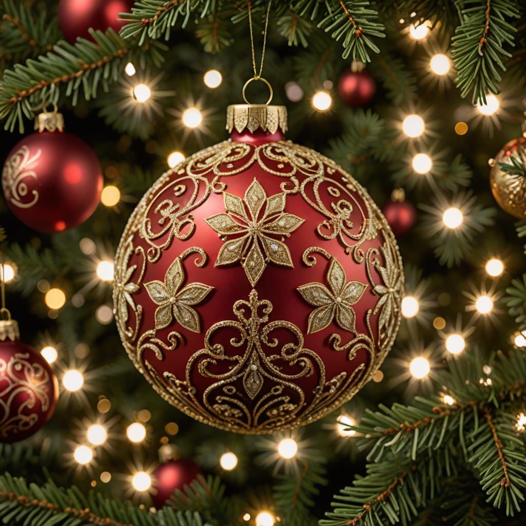 Magical Red and Gold Christmas Ornament in Fairytale Setting