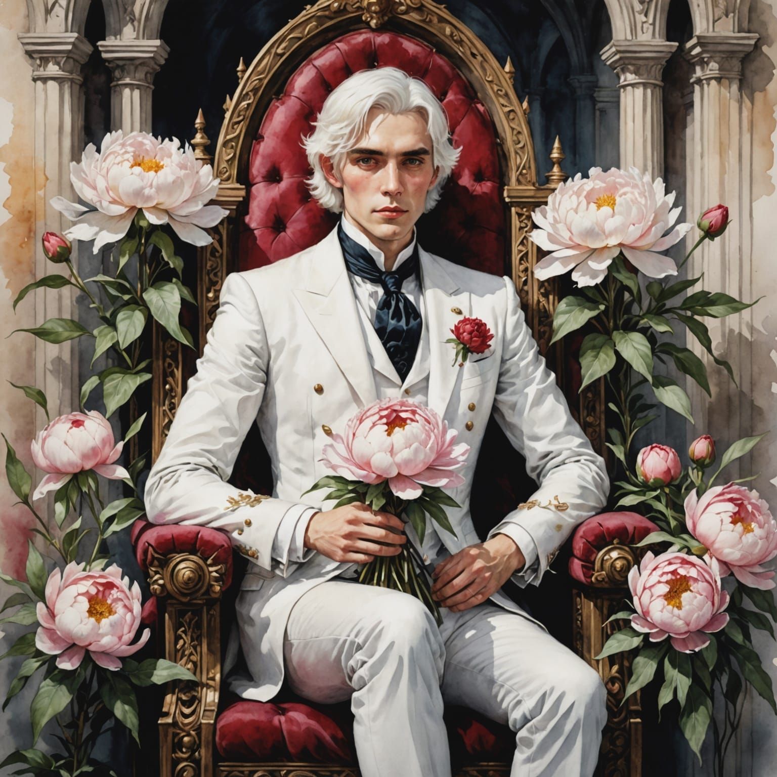 Mysterious Gentleman in Watercolor with Peonies