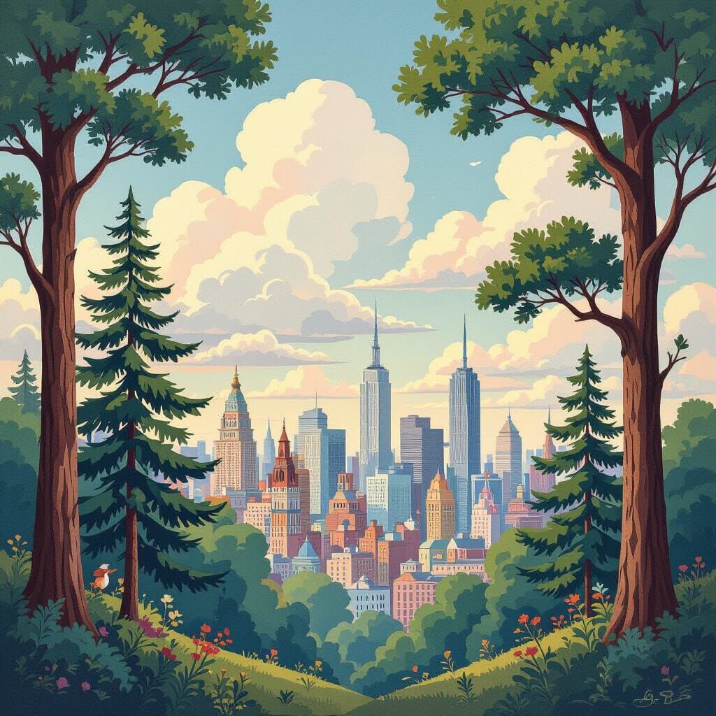 Whimsical Gouache Painting of Skyline with Clouds