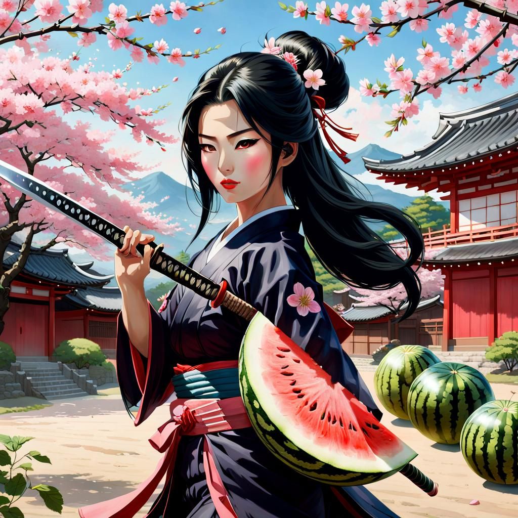 Dynamic Samurai Slices Watermelon Near Cherry Blossom Tree