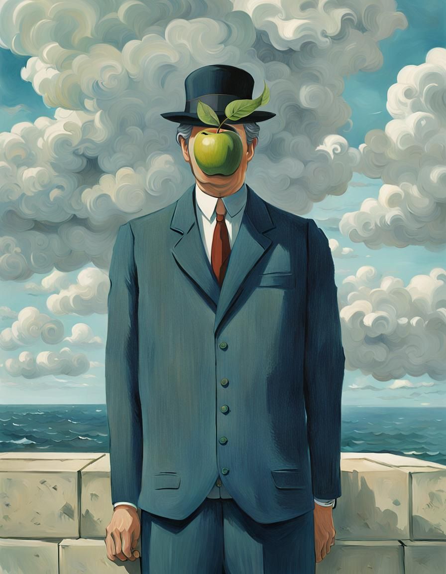 Surreal Man with Apple: Magritte Style Painting