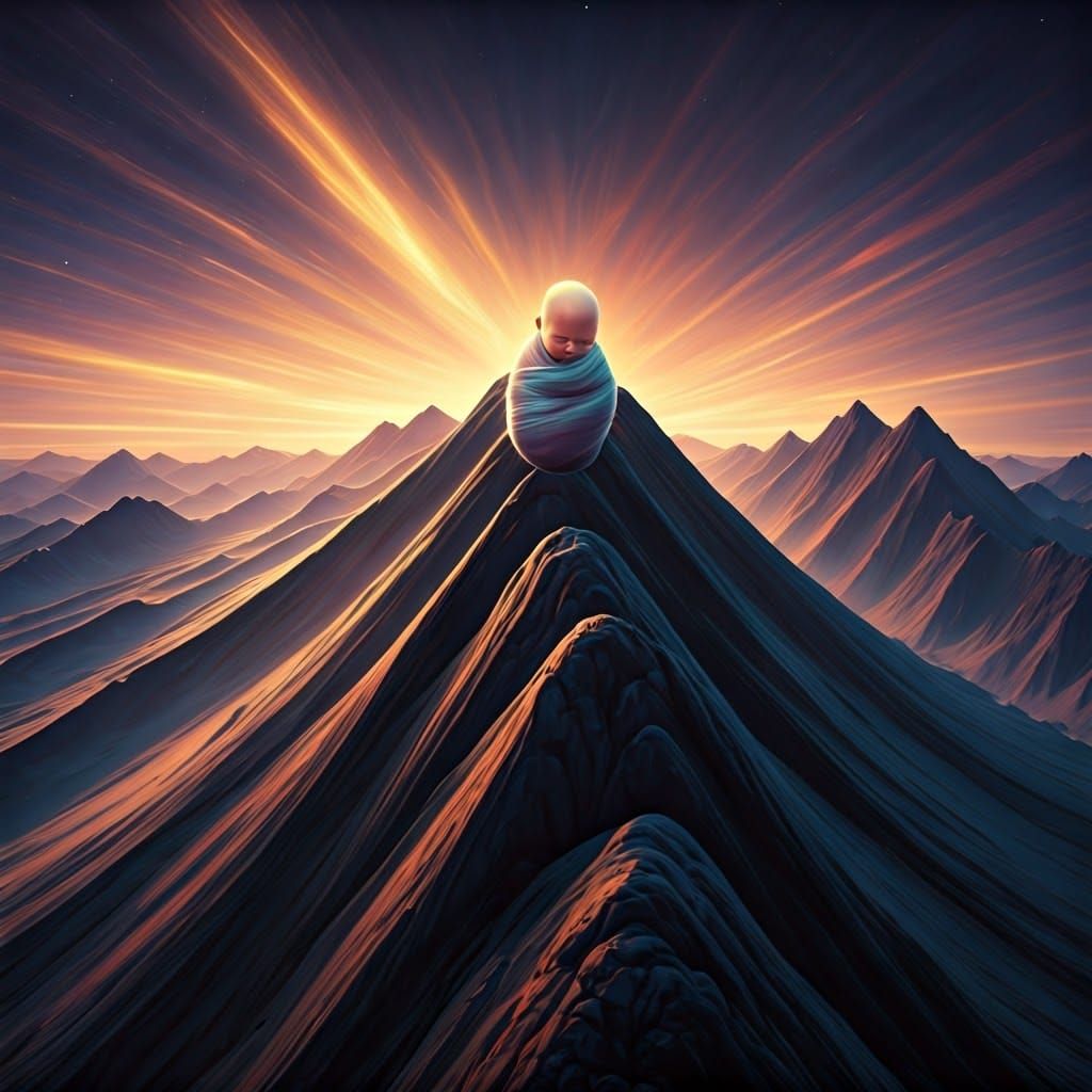 Ethereal Newborn on Mountain Summit in Dreamscape