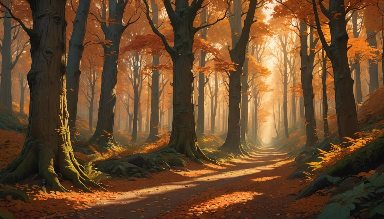 Autumn Forest Path in Art Nouveau Style