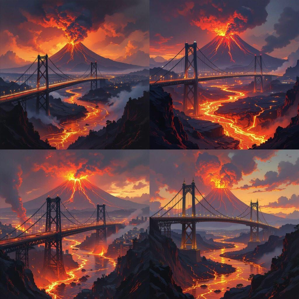 Suspension Bridge Over Lava, Volcano In Distance