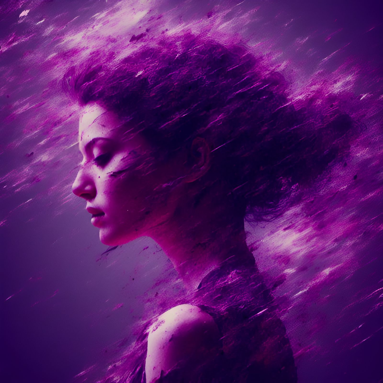 Glitch Woman Portrait with Purple Shockwaves