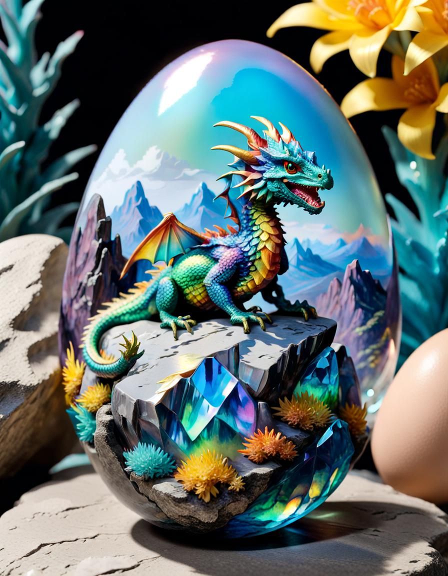 TRANSPARENT RESIN EGG -  Inside a crystal-clear resin egg, a tiny, hyper-realistic iridescent dragon perched atop a crag...