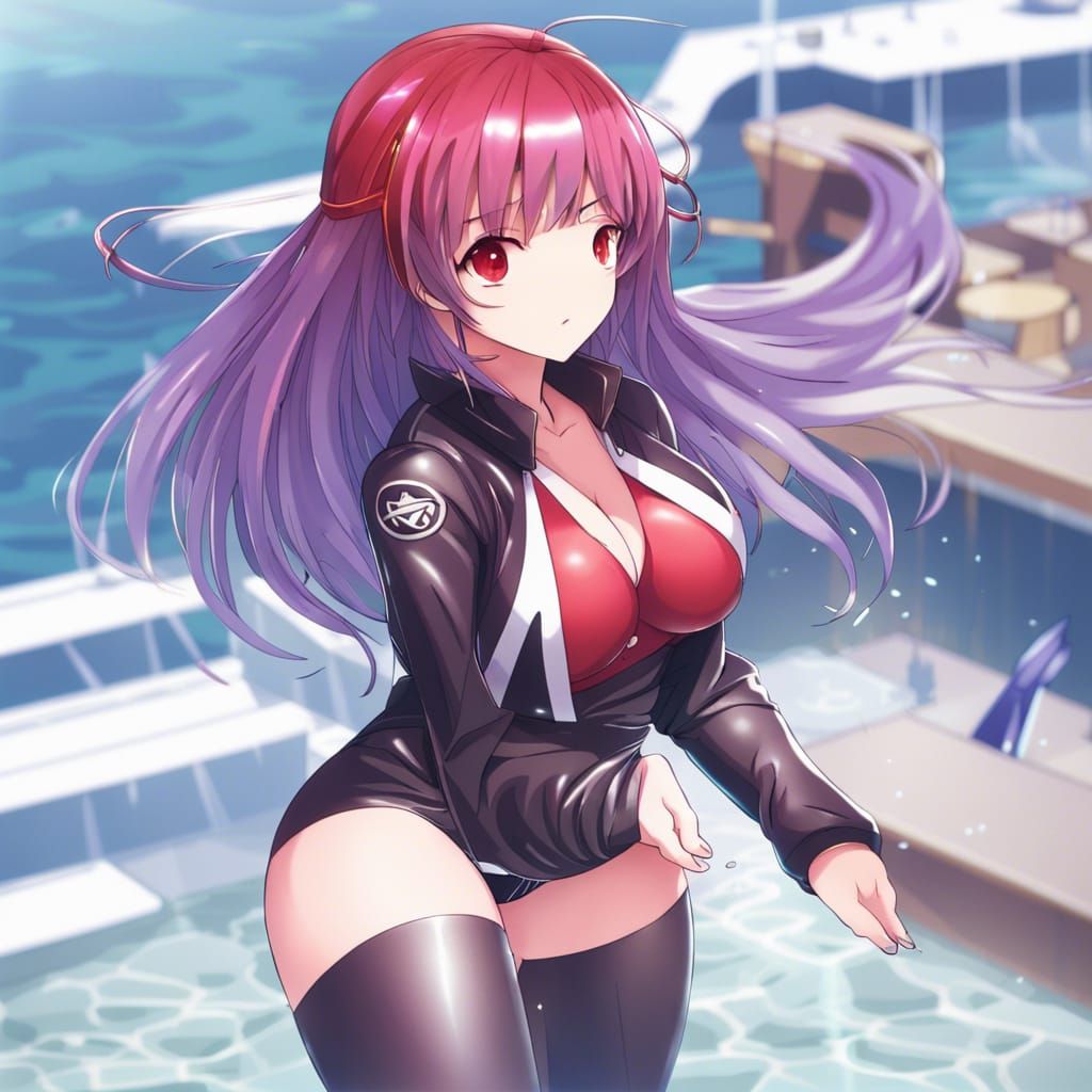 Anime Woman in Red Leather Swimsuit