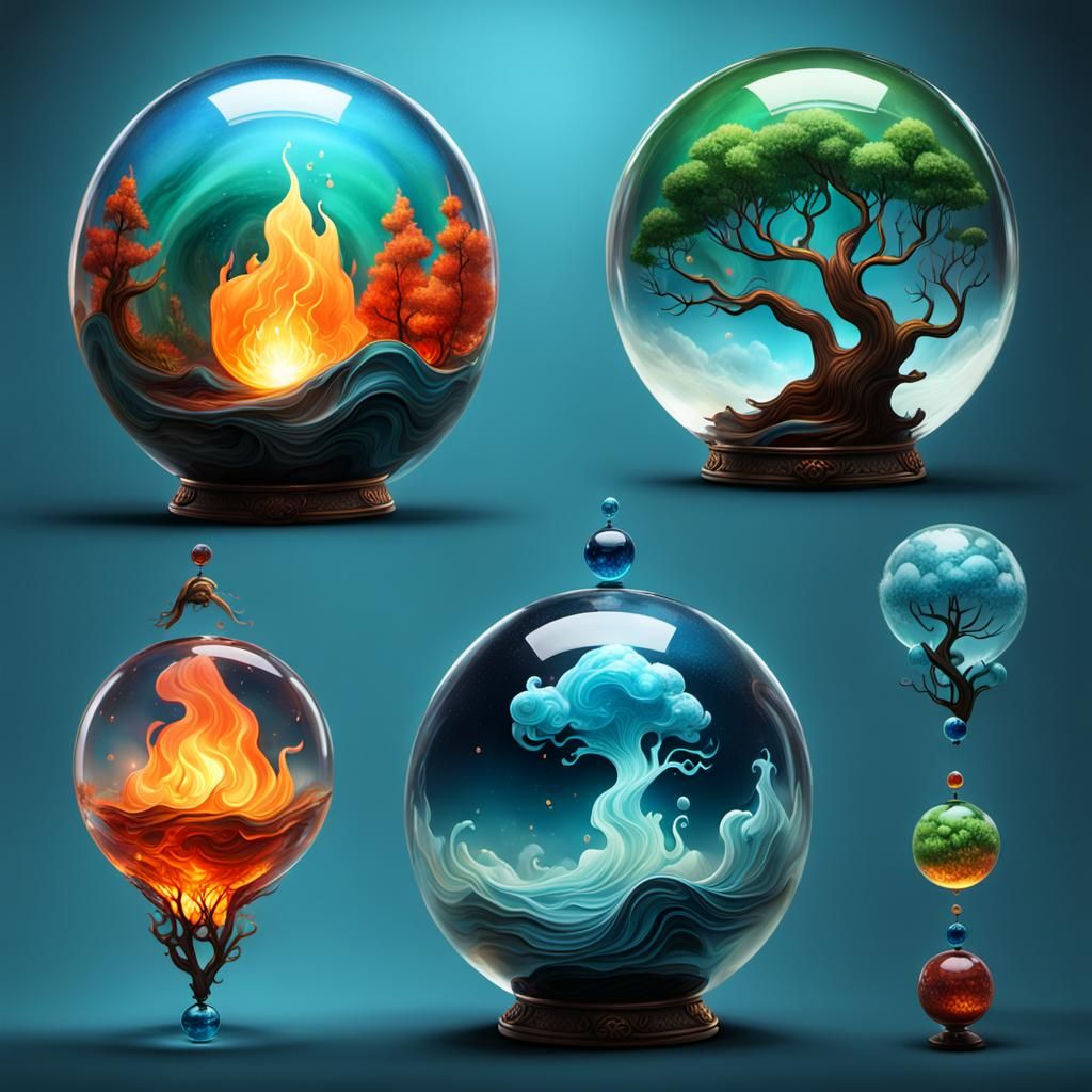 Enameled Glass Orbs Containing the Four Elements