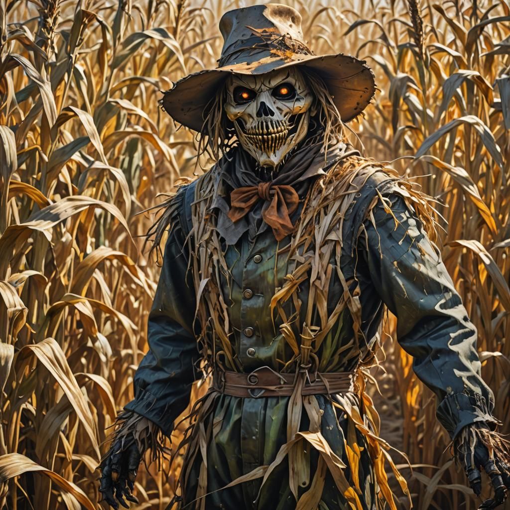 Scary Scarecrow in Cornfield: Hyperrealistic Concept Art