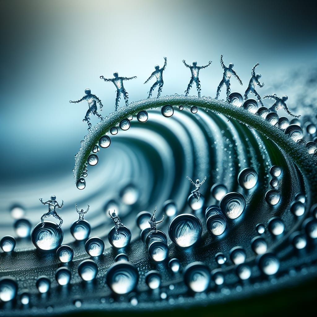 Dewdrops Reflecting Ocean Scene in Macro Photograph