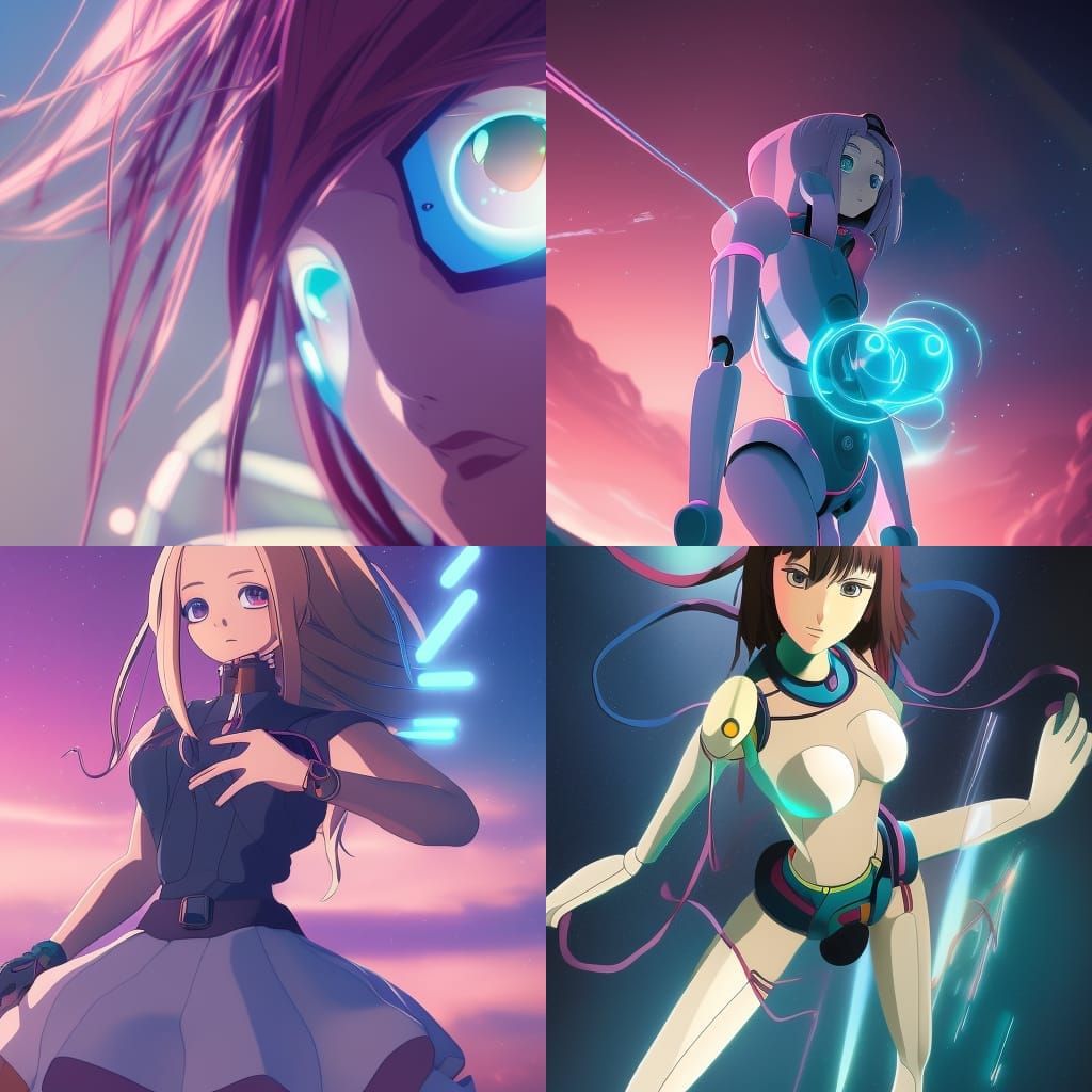 Anime Android Piloting Spaceship in Neon Colors